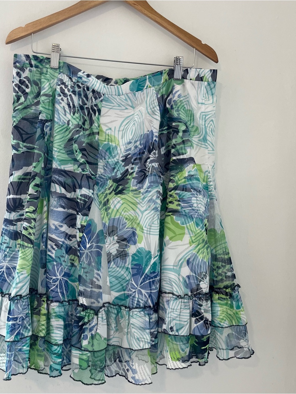 Tiered Floral Skater Skirt in Blue & Green